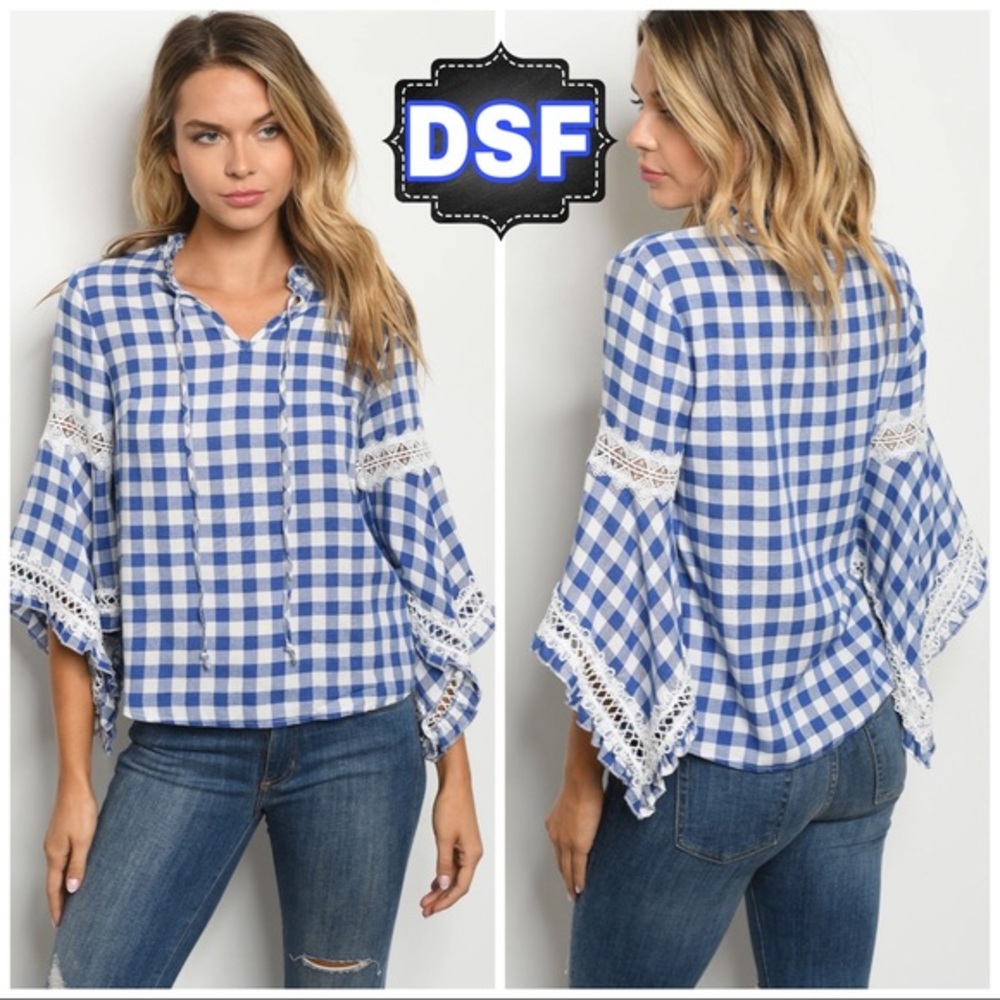 Medium Wide sleeve Blue White Plaid Checkered Rodeo Country Top For Women